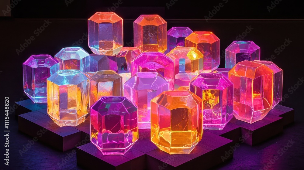 Poster intricate arrangement of hexagonal and diamond shaped colorful crystals and gems in light