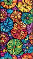 Vibrant floral stained glass art indoor gallery digital artwork colorful atmosphere up-close view floral design inspiration