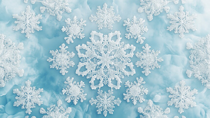 Naklejka premium soft pastel blue background with white snowflake accents scattered symmetrically, Ai generated images