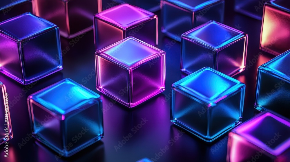 Poster intricate arrangement of hexagonal and diamond shaped blocks with vibrant colors and light effects