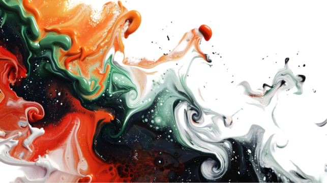 DarkRed, Orange, Green liquid colour mixed isolated on a transparent background