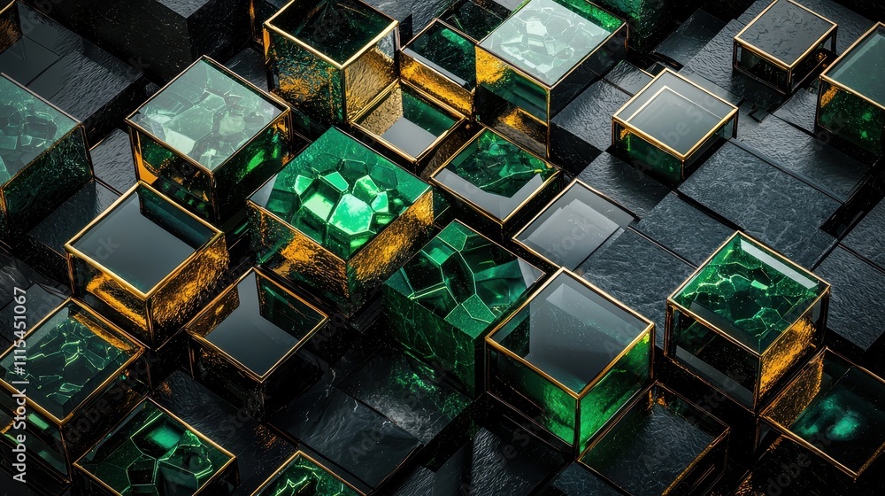 Poster intricate arrangement of hexagonal and diamond shaped blocks in emerald and gold design