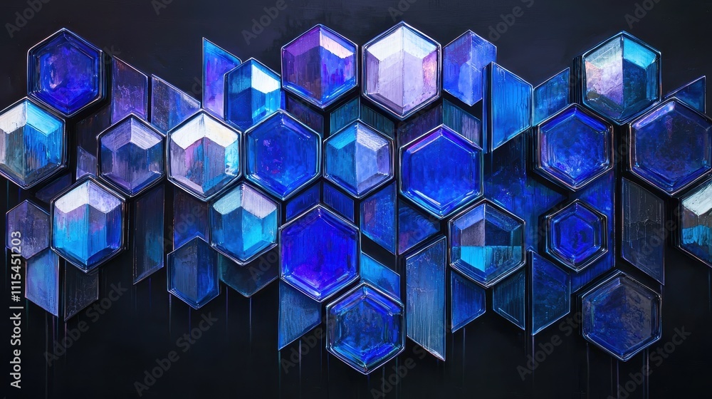 Poster intricate arrangement of blue hexagonal and diamond shaped geometric elements on dark background