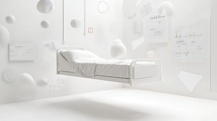 A sterile, white hospital room with a single bed floating in the air, surrounded by floating abstract shapes and medical charts, representing the isolation and fear tied to anxiety in healthcare.