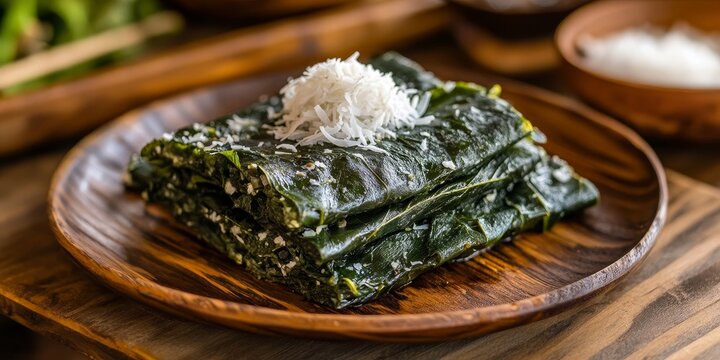 Cassava Leaf Buntil served on a wooden plate. This traditional dish features cassava leaves or taro, filled with grated coconut and anchovies, complemented by a rich coconut milk sauce.