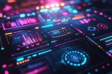 Obraz premium Abstract digital interface with vibrant colors and data visualizations.