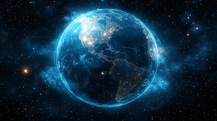 Fototapeta premium A digital globe of Earth, glowing blue