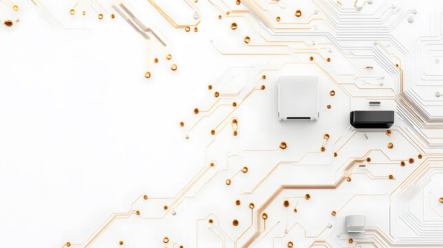 Overhead view of golden electronic microcircuit and microchip with blank space for design on white