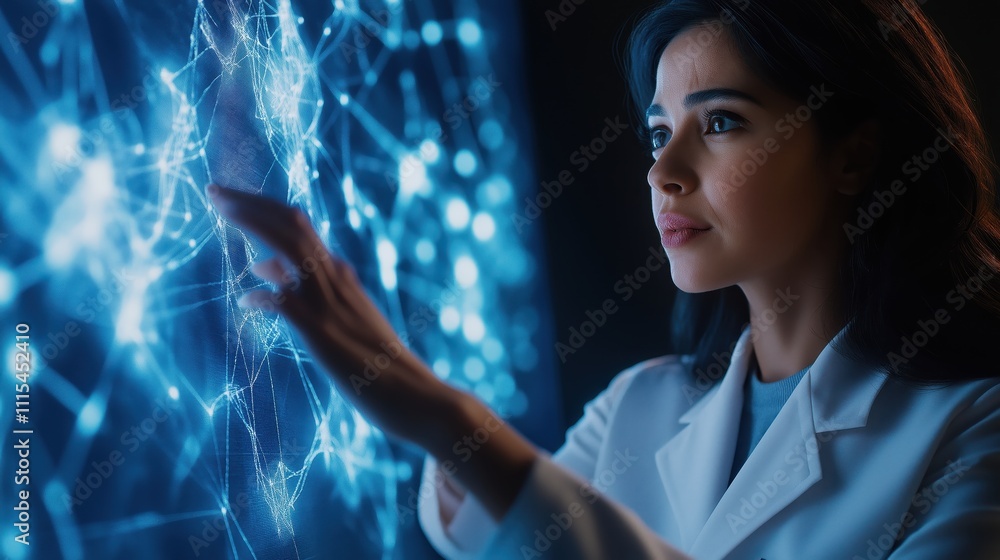 Poster a focused woman interacts with a digital interface displaying interconnected data points, symbolizin