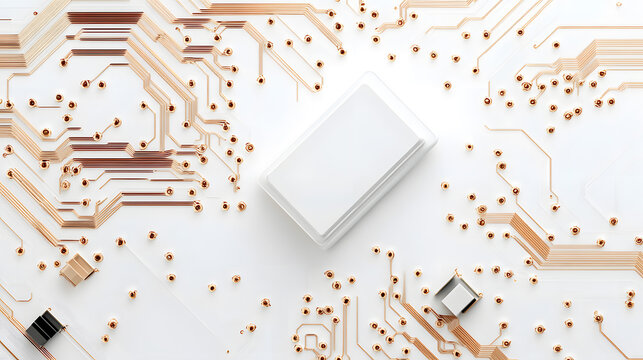 Overhead view of golden electronic microcircuit and microchip with blank space for design on white
