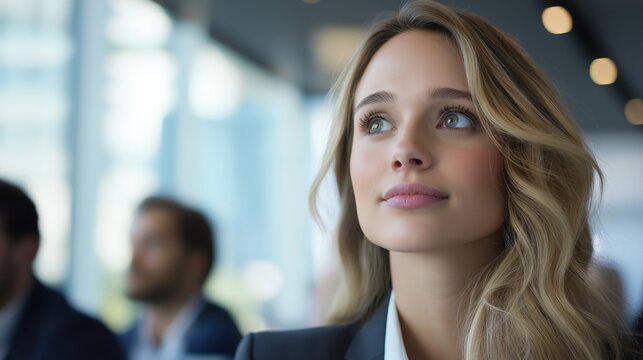 A focused woman in a business setting, contemplating, with a soft expression and professional attire, surrounded by blurred figures in the background.