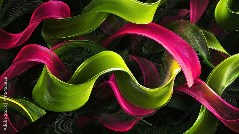 Poster intricate overlapping loops of translucent material in vibrant green and pink colors