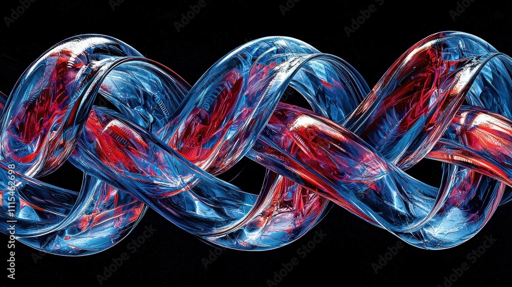 Poster intricate overlapping loops of translucent material in vibrant red and blue colors