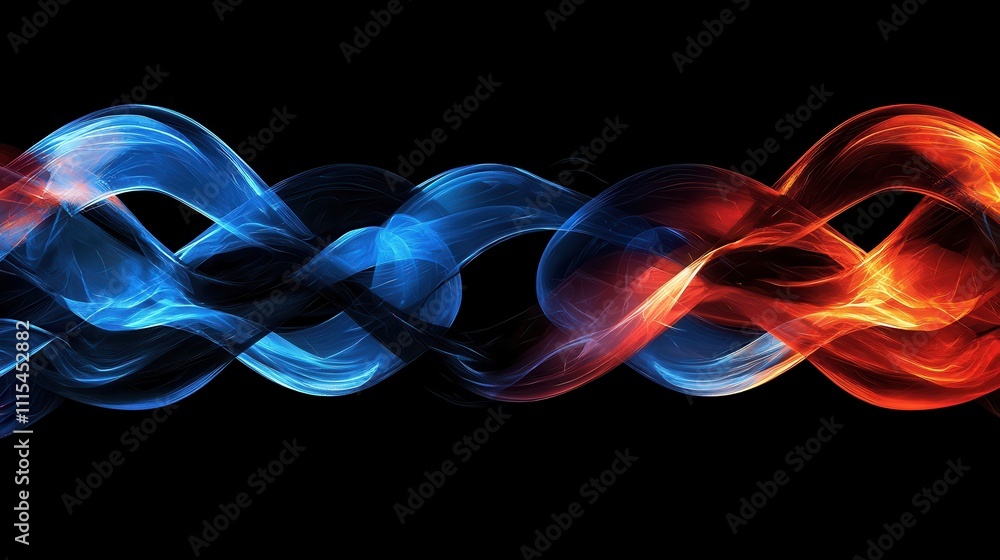 Poster intricate overlapping loops of translucent material in vibrant blue and red colors