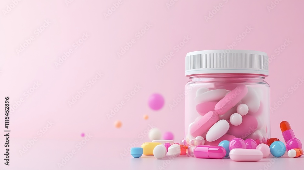 Poster empty 3d model of medicines on colorful background with container