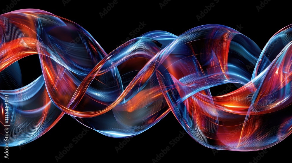 Poster intricate overlapping loops of translucent material with colorful light effects