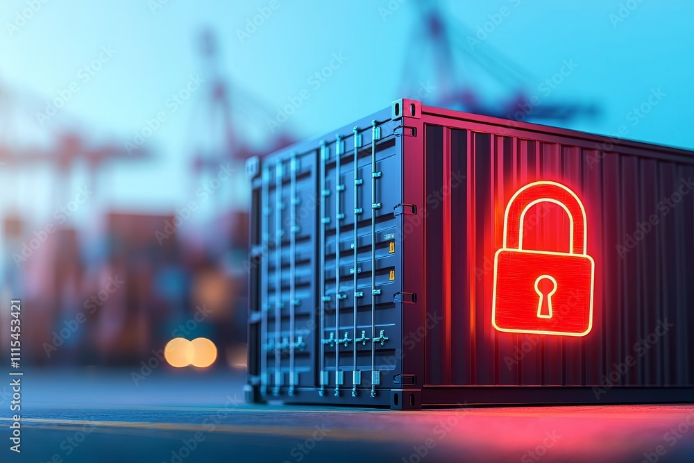 Poster supply chain security risks concept. secure shipping container with glowing lock symbol.