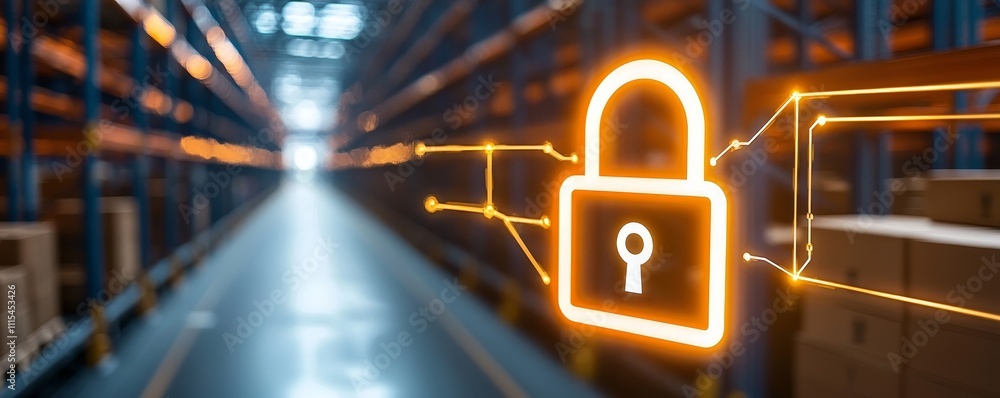 Poster supply chain security risks concept. secure storage with digital lock symbol in warehouse setting.