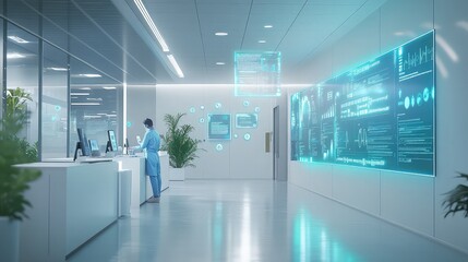 A clean, high-tech public health command center where floating holographic data displays track disease prevention programs, vaccination coverage, and sanitation efforts