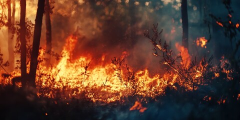Wildfire raging through a forest, captured in stunning close up during daylight, showcasing the intense flames and smoke of the wildfire amidst the forest environment.