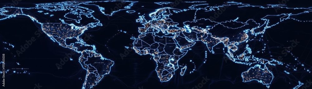 Poster a digital representation of a world map illuminated with blue lines, showcasing global connectivity 