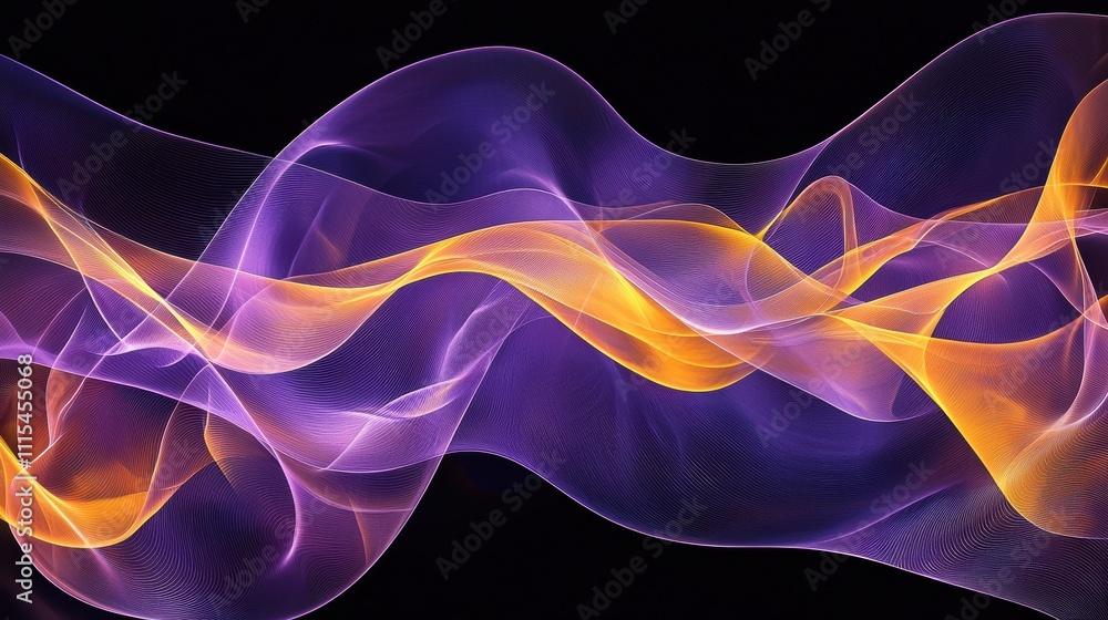 Poster intricate overlapping loops of translucent material in vibrant purple and orange waves
