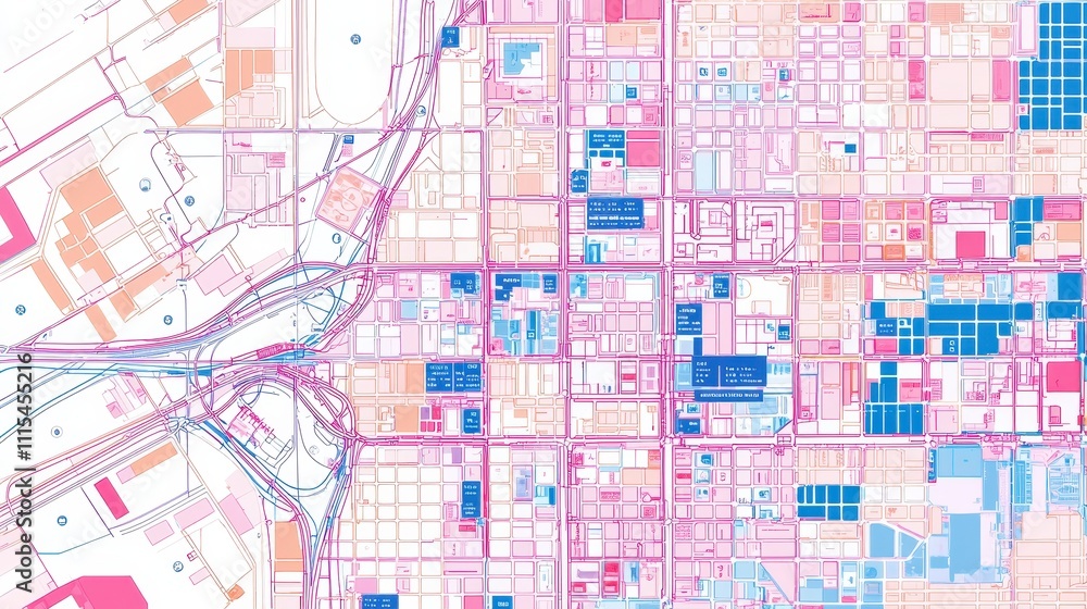 Poster a colorful urban map displaying intricate layouts, highlighting different zones with varied colors a
