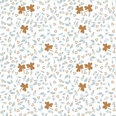 Seamless Pattern Ditsy Flower Garden Leaves Steel Blue Fabric Brown Lucky Clover White Background Illustration