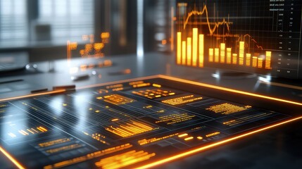 A detailed digital interface with glowing charts and graphs displays complex business analytics on a dark.