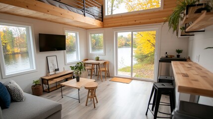 Fototapeta premium Modern tiny house interior with lake view.