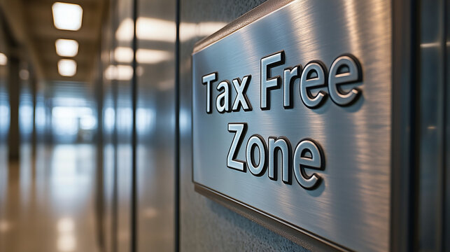 Close-up of a modern "Tax Free Zone" metallic sign mounted on a polished wall in a contemporary building.