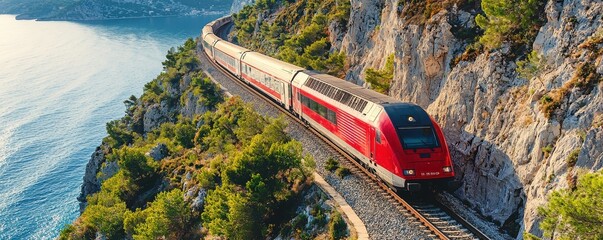 A red train travels along a scenic coastal track, surrounded by lush greenery and rocky cliffs, offering breathtaking views of the sea.