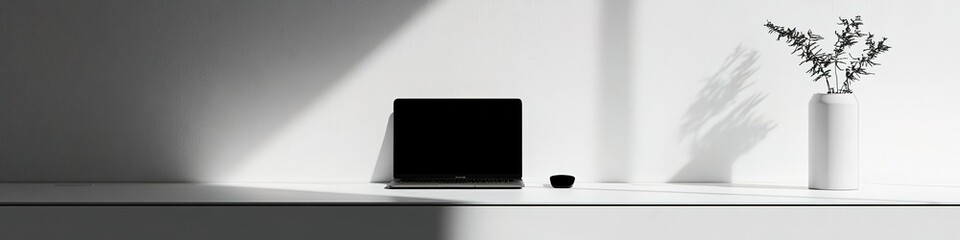  Elegant minimalist workspace featuring a stylish side view with a laptop, Scandinavian decor, and winter elements, creating an ideal abstract marketing background for modern fashion-forward office en