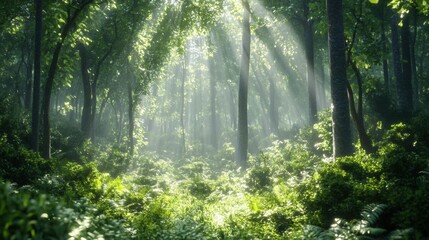 Fototapeta premium Lush forest scene with sunlight filtering through trees.