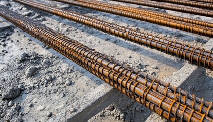Steel reinforcement bars arranged on a construction site for concrete support.