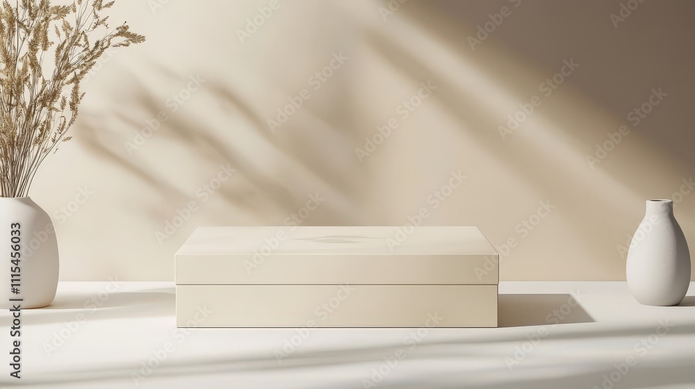 Poster beige box displayed on minimalist tabletop setting