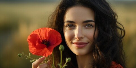 Naklejka premium Young woman in a vintage dress holding a red poppy flower up to her face in a vibrant field of poppies. Generative AI.