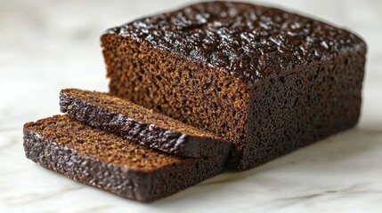 Sliced loaf of dark, moist gingerbread cake on marble.