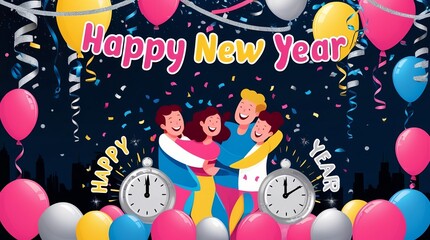 A vibrant and colorful digital illustration depicting a joyful New Year's Eve celebration, featuring confetti, balloons, and streamers in shades of bright pink, yellow, blue, and silver