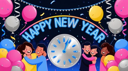 A vibrant and colorful digital illustration depicting a joyful New Year's Eve celebration, featuring confetti, balloons, and streamers in shades of bright pink, yellow, blue, and silver