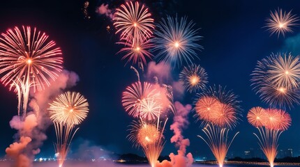 A vibrant and lively scene of kembang api, or Indonesian fire flowers, illuminating the night sky on New Year's Eve, with a multitude of colorful fireworks exploding in various shapes and patterns