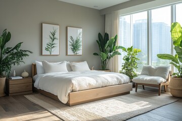 Fototapeta premium Serene Bedroom With Modern Wooden Bed And Lush Greenery