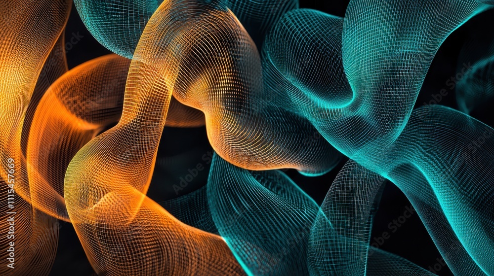Poster intricate overlapping loops of translucent material in vibrant colors against a dark background