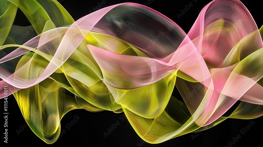 Poster intricate overlapping loops in translucent material with colorful waves on black background