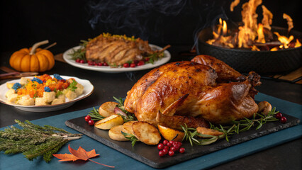 Thanksgiving Feast: A delectable Thanksgiving turkey, perfectly roasted and adorned with rosemary sprigs, takes center stage on a rustic slate board.