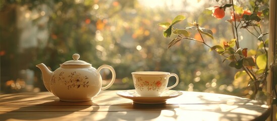 Fototapeta premium Teapot and cup on wooden table with blurry background of green foliage and sunlight.