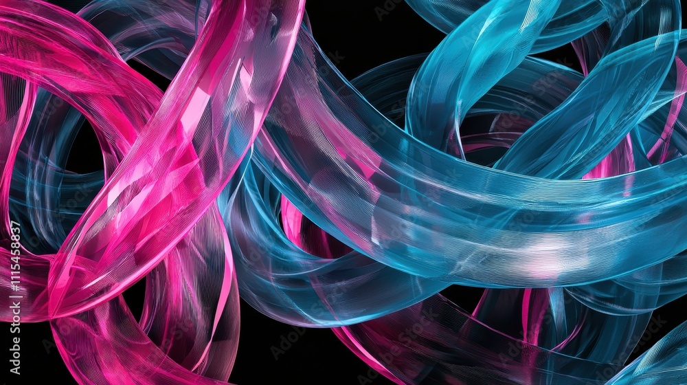 Poster intricate overlapping loops of translucent material in vibrant pink and blue colors