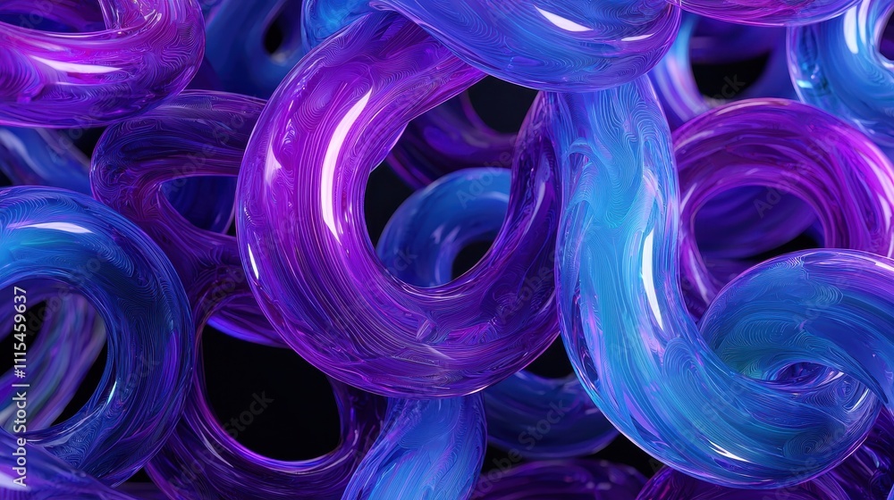 Poster intricate overlapping loops of translucent material in vibrant blue and purple swirls