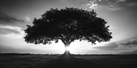 Obraz premium Stunning silhouette of the tree captured in black and white, showcasing the beauty of the tree against a sunset backdrop. This artistic representation highlights the tree s elegance.