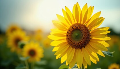 Vibrant sunflower in a field showcasing bright yellow petals